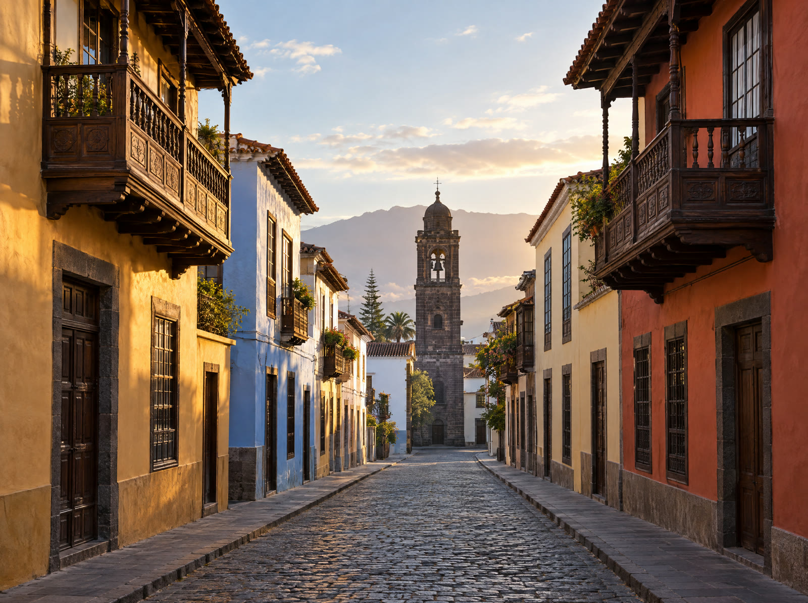 Calle de La Laguna con casas de colores y balcones de madera